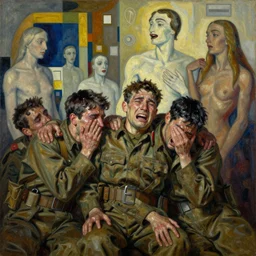 weeping men in army fatigues | pain, pleasure, suffering, adventure, love, life, afterlife, souls in joy and agony | abstract oil painting, gouche on paper by MC Escher and Salvador Dali and raqib shaw and Josef albers |