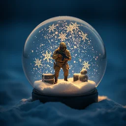 snow globe with call of duty operators inside, depth of field, close up,
