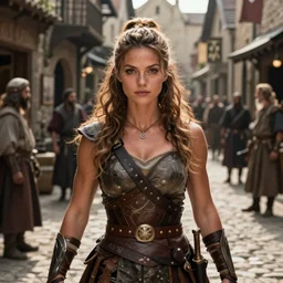 close portrait of mila kunis as a strong muscled warrior chilling in a cobbled medieval shopping street, epic composition, donato giancola, tim hildebrandt, wayne barlow, bruce pennington, larry elmore