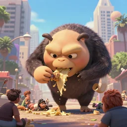 a giant fly eating humans in the city of los angeles, nendoroid, in the croods movie style, anime, disney, pixar, 8 k, hd, dof, kodak film, volumetric lighting, subsurface scattering, photorealistic, octane render, details