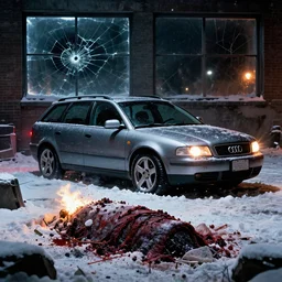 Audi A4 B6 Avant (2002), a gritty neo-noir, dramatic lighting, cinematic, eerie person, death, homicide, homicide in the snow, viscera splattered, gunshots, bullet holes, establishing shot, extremely high detail, cracked windows, photorealistic, arson, makeshift grave, burial site, cinematic lighting, artstation, by simon stalenhag, Max Payne (PC) (2001) winter New York at night, In the style of Max Payne 1 graphic novel, flashing lights, Poets of the Fall - Late Goodbye
