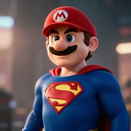 portrait of mario as superman in man of steel, movie still, cinematic lighting, ray tracing, octane render, long lens, shallow depth of field, bokeh, anamorphic lens flare, 8 k, hyper detailed, 3 5 mm film grain