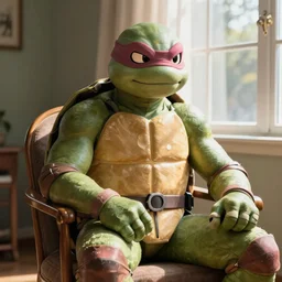 a teenage mutant ninja turtle sitting in a chair in his living room with sunlight pouring in through a window, portrait, fantasy, beautiful face, vivid colors, elegant, concept art, sharp focus, digital art, hyper - realistic, 4 k, unreal engine, highly detailed, hd, dramatic lighting by brom, trending on artstation