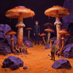 a slimy oozy mushroom garden by simon stalenhag and gillis rombouts and greg rutkowski and beeple and anton fadeev, hyperrealism!, orange sand, purple rocks, chiaroscuro!!!!, tonalism!, desaturation, high contrast, vibrant!, highly detailed, volumetric lighting