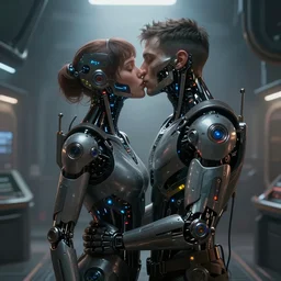 ultra realistic medium shot of a couple of cyborgs kissing, lovers, cyberpunk, sci - fi, kodak, faces, colour led, soft light, volumetric lighting, fog, rays, noir, night, station, intricate detailed, digital painting, concept art, smooth, sharp focus, illustration, art by artgerm and greg rutkowski and alphonse mucha