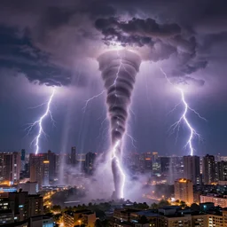 multiple water tornado in the city, lightning strikes, ultra realistic, photorealistic, highly detailed, sharp focus, vivid, colorful