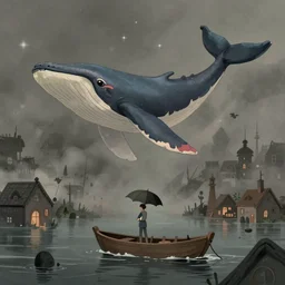 a realistic and atmospheric cell - shaded concept art from howl's moving castle ( 2 0 0 4 ) of a multi - colored whale jumping into the air. a man with an umbrella is standing in a boat in a flooded city. it is a misty starry night. very dull muted colors, hd, 4 k, hq