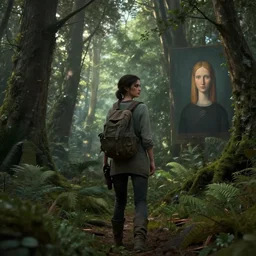 Ellie in a lush forest (Last of Us), dali, magritte, Ethereal, artstation, 8k