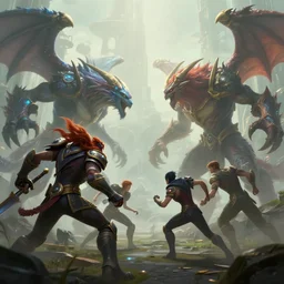 big scene, hyperrealism fantasy creatures fight scene with characters from league of legends portrait, digital art, wallpaper of an fantasy fight, background of sci fi city in fog, diffused lighting, 8 k dop hdr