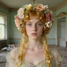close - up of a beautiful flowery girl in an soviet golden liminal abandoned room, film still by wes anderson, depicted by balthus, limited color palette, very intricate, art nouveau, highly detailed, lights by hopper, soft pastel colors