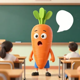 a human carrot creature wearing teacher clothes in a classroom is shocked by some news