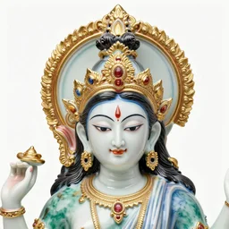 full head and shoulders, beautiful female, colourful porcelain sculpture, hindu god, with lots of ornate gold leaf, attached to head by daniel arsham and james jean, on a white background, delicate facial features,