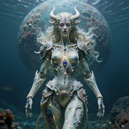 symmetry!! biblical diabolical bautiful cyborg girl, glowing veins! intricate detailed porcelain armor, ocean on alien planet titan, underwater photography, by gerald brom, by mikhail vrubel, by peter elson, muted colors, extreme detail, trending on artstation, 8 k