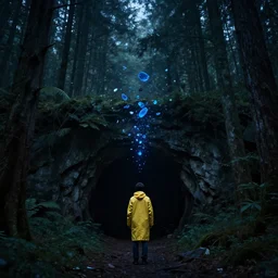 blue energy fragments floating towards a cave entrance in the woods, young man with yellow raincoat, 8 k, award - winning, mysterious, eerie, night, tall trees, dark