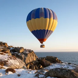 a beautiful 8 k photo of a hot air balloon flying low across the rocky coast in winter, highly detailed photo