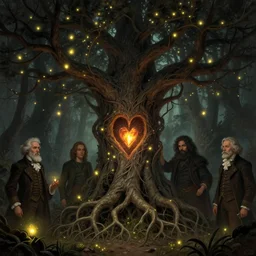 a beautiful digital illustration painting of a detailed gothic fantasy fireflies and roots, fantasy tree with heart carved into the bark by benoit b. mandelbrot, steven belledin, martin johnson heade, lee madgwick, caspar david friedrich, and david rios ferreira. 8 k resolution trending on artstation concept art digital illustration