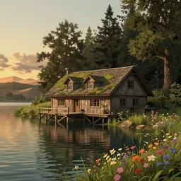 a beautiful ultradetailed render of boathouse building nature by louis sullivan, meadow magic realism retrowave uv light studio ghibli flowers lake reclaimed by nature at dusk sunlight desert hyperrealism bioshock matte painting forest darkacademia, archdaily, wallpaper, highly detailed, trending on artstation.