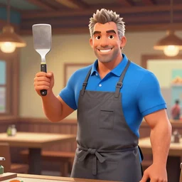 Guy Fieri holding a spatula and wearing blue polo and a gray apron, Team Fortress 2 gameplay screenshot, volumetric lighting, Unreal Engine 5, minimal shading