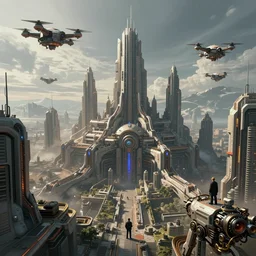 masterpiece epic concept art of city 1 7, half life, the citadel, civil protection combine, cyberpunk, drones, dystopian future, mechanical, technological, 1 9 8 4, big brother, hyperrealistic, intricate digital art, breathtaking, artgem, trending artstation, volumetric lighting, real time render, 8 k ultra high definition, unreal 5