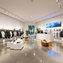1 8 mm photograph atmospheric, realistic lighting, reflections, symmetry, balance, large nike boutique flagship retail. white walls. polished concrete floor. display tables with shoes and clothes. low ceilings with downlights and spots. white corian and oak furniture. impressive counter. large digital screens on walls. verdant plants