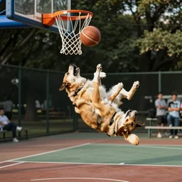 An dramatic,  iconic , awardwinning photograph of an dog doing a slam dunk in the basketball court in the afternoon, detailed,