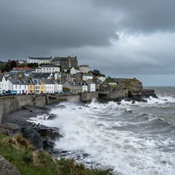 the town of aberystwyth with stormy sea, ultrarealism, photorealism, 8 k, wide angle