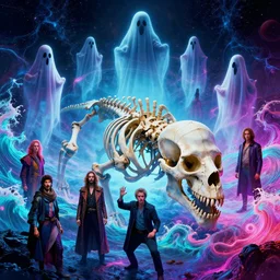 mysterious ghosts hover over massive beast skeleton, infinite cosmic waves, synthwave, bright neon colors, highly detailed, cinematic, tim white, michael whelan, vladimir kush, jim burns, bob eggleton, philippe druillet, kubrick, aubrey beardsley, roger dean, alfred kelsner, boris vallejo