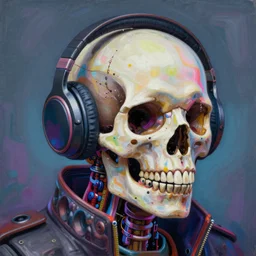 a painting by Thomas Cole of a vaporwave robot skull wearing headphones highly detailed chromatic 3d rendering from 1996