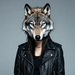 photographic portrait of a punk girl in a leather jacket wearing a wolf's head over her face, high fashion, style magazine shoot, cool punk with wolf on her head