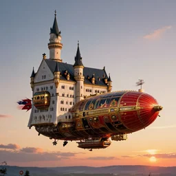 airborne steampunk dirigible zeppelin, strongly resembling neuschwanstein castle and frauenkirche dresden, resembling aircaft carrier, imperial bavarian and prussian, red and gold and black, dieselpunk, german baroque, napoleonic, floating above 1 8 5 0 s bavaria, gorgeous sunset by david levy vyle art, artstation