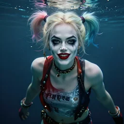underwater biopunk portrait of emma stone as harley quinn, au naturel, hyper detailed, digital art, trending in artstation, cinematic lighting, studio quality, smooth render, unreal engine 5 rendered, octane rendered, art style by klimt and nixeu and ian sprigger and wlop and krenz cushart.