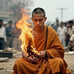 reinterpretation of the photo titled the burning monk - malcom browne, 1 9 6 3