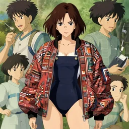 a beautiful boyish kat dennings alluring gravure model, wearing oversized mayan bomber jacket and leotard with overalls, bulky poofy aztec native style bomber jacket with mayan patterns, gapmoe yandere grimdark, trending on pixiv fanbox, painted by greg rutkowski makoto shinkai takashi takeuchi studio ghibli, akihiko yoshida