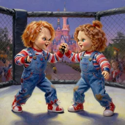 the doll chucky cage fighting the doll annabelle in an epic mma fight, disneyland as backdrop, oil painting, by greg rutkowski