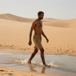 a man made of water walking in the sahara, photorealistic, cinematic lighting, 8 k, extremely detailed