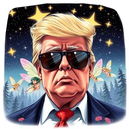 portrait of donald trump sunglasses stars in the sky fairies with detailed faces enchanted forest on the ground psychedelic wide angle shot white background vector art illustration gears of war cell shaded illustration gta 5 artwork of donald trump, in the style of gta 5 loading screen, by stephen bliss and frank frazetta