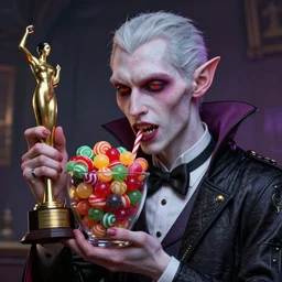 albino androgynous vampire with a bol full of candy, photography, award wining, concept art, ambient light, 4 k, intricate details, highly professionally detailed, cgsociety, highly detailed -