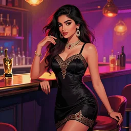 sensual beautiful young pakistani girl wearing a western little black dress at a bar, epic scene, by victo ngai, kilian eng vibrant colours, dynamic lighting, digital art, winning award masterpiece, fantastically beautiful, illustration, aesthetically inspired by beksinski and dan mumford, trending on artstation, art by greg rutkowski, 8 k