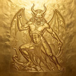 gold engraving of a demon from hell