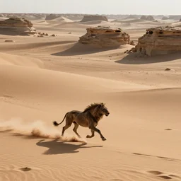 beast galloping across the open desert, empty desert, sand, karst landscape, wide shot, concept art by greg rutkowski