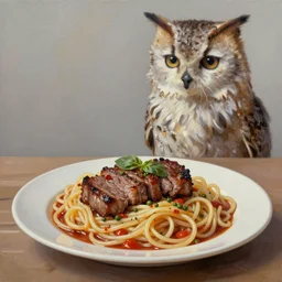 🍝🥩🦉, realistic oil painting, 8 k, crisp, clear, sharp, artstation, high res image
