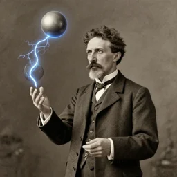 nikola tesla, juggling balls of electricity, digital art by grant wood