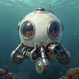 jelly fish shaped refuse collecting robot machine in the deep ocean, dome portholes, chrome pipes, wires, engines, detailed illustration, concept art, muted colour palette, highly detailed,