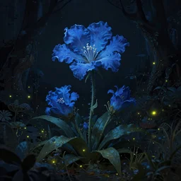 beautiful digital matte painting of whimsical botanical illustration blue flowers fireflies enchanted dark background dark contrast by android jones alena aenami