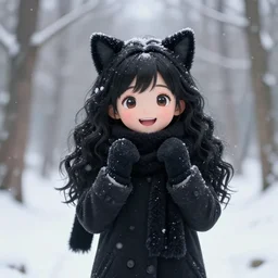 photorealistic of a very cute joyful 3d anime girl, wearing fluffy black scarf, long coat, mittens, black long curly hair, cat ears, snowing in the forest, medium shot, mid-shot, highly detailed, trending on Artstation, Unreal Engine 4k