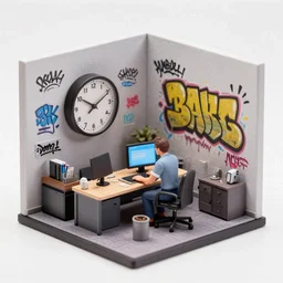 man working over hours, office in miniature, office walls sprayed and tagged with graffityand edding markers, in the style of beksinski, parts by edward hopper, parts by yue minjun, intricate composition by bosch, red by caravaggio, insanely quality and details, masterpiece