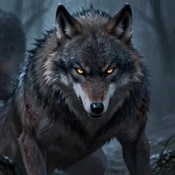 a werewolf mid transformation, scarred, wet, raining, close up, rim lighting, portrait, sinister atmospheric lighting. highly detailed painting by greg rutkowski, anime style