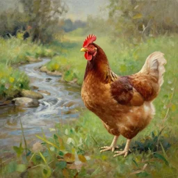 a chicken next to a stream oil painting