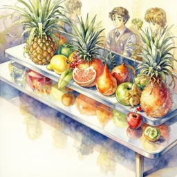 a beautiful insanely intricate watercolor illustration of modern table sill life with fruits, reflexions, colorfull, by william turner art, by greg rutkowski, by james jean, by rossdraws, by frank franzzeta, by sakimichan, by edmund dulac, trending on artstation, insanely detailed, masterpiece,