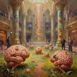 minimalist lush bulbous clockwork brains and garden fetuses dramatic perspective oil painting by donato giancola, chris foss, organic 3 d fractal cinematic scifi bioluminescent microscopy, gigantic pillars, victorian shopping mall courtyard maschinen krieger, beeple, the matrix, star wars, ilm, star citizen, mass effect, warm coloured, artstation, atmospheric perspective